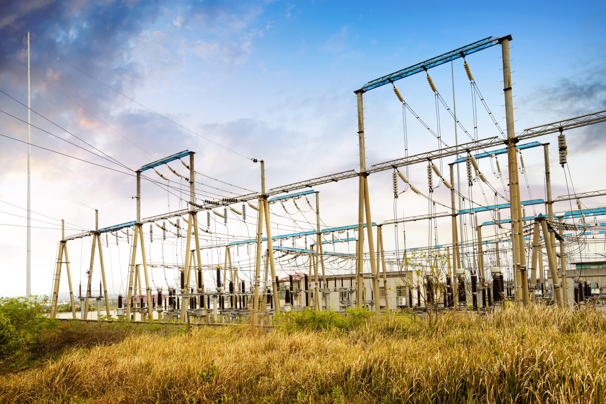High voltage power substation, modern power facility.